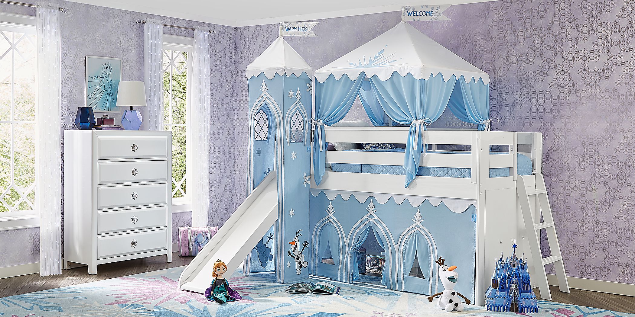 Disney Disney Frozen White Twin Loft Bed with Activity Panel, Tower, Tent and Slide